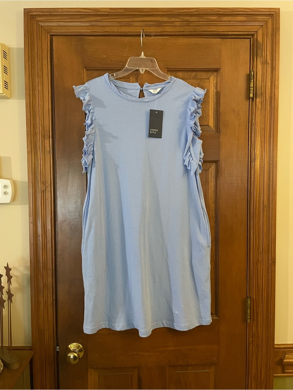Crown & Ivy Blue Dress with Ruffle Sleeve Detail and Keyhole Back, NWT, Size‎ S